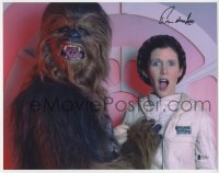 3d204 PETER MAYHEW signed color 11x14 REPRO 2000s c/u as Chewbacca with Carrie Fisher in Star Wars!