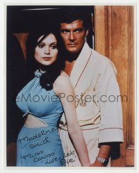 3d908 MADELINE SMITH signed color 8x10 REPRO still 1980s Bond girl w/Roger Moore in Live & Let Die!