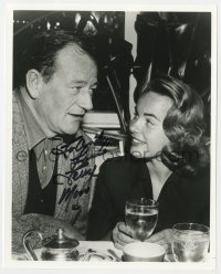 3d982 TERRY MOORE signed 8x10 REPRO still 1980s she's smiling at John Wayne over a glass of wine!