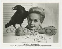 3d985 TIPPI HEDREN signed 8x10.25 REPRO still 1980s posing w/Buddy the crow for Hitchcock's Birds!