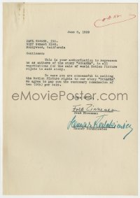 3d207 FRED ZINNEMANN signed contract 1939 authorizing the sale of the rights to his story Bonanza!