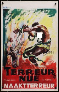 3f364 NAKED TERROR Belgian 1961 wild artwork of topless woman dancing with snakes, Terreur Nue!