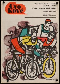 3f294 HOTSHOTS Czech 12x17 1969 wonderful art of men on bicycles by Olga Starkova!