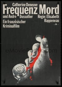 3f474 FREQUENT DEATH East German 23x32 1990 cool art of bloody hand on phone by D. Heidenreich!