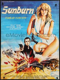 3f785 SUNBURN French 16x21 1980 art of sexy Farrah Fawcett and spy Charles Grodin by Marie Morency!