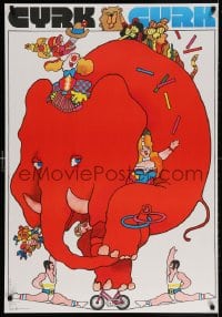 3g257 CYRK 27x39 Polish commercial poster 1970 Waldemar Swierzy art of red elephant on bicycle!
