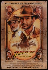 3g788 INDIANA JONES & THE LAST CRUSADE advance 1sh 1989 Ford/Connery over a brown background by Drew