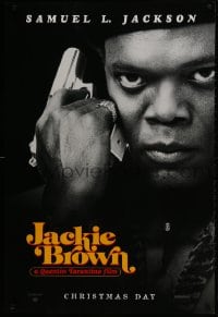 3g796 JACKIE BROWN teaser 1sh 1997 Quentin Tarantino, cool image of Samuel L. Jackson with gun!
