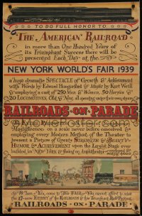 3g414 1939 NEW YORK WORLD'S FAIR 26x39 special poster 1939 Railroads on Parade, great train art!