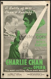 3g009 CHARLIE CHAN AT THE OPERA English trade ad 1936 Asian detective Warner Oland, green style!