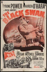 3j089 BLACK SWAN 1sh R1952 art of swashbuckler Tyrone Power & Maureen O'Hara, very rare!