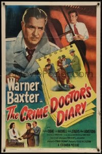3j180 CRIME DOCTOR'S DIARY 1sh 1949 cool art of detective Warner Baxter with gun!