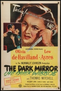 3j191 DARK MIRROR 1sh 1946 Lew Ayres loves one twin Olivia De Havilland and hates the other!