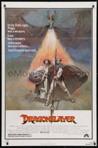 3j240 DRAGONSLAYER 1sh 1981 cool Jeff Jones fantasy artwork of Peter MacNicol w/spear & dragon!