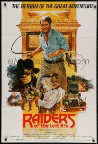 3j708 RAIDERS OF THE LOST ARK English 1sh R1982 great Brian Bysouth art of adventurer Harrison Ford!