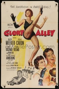 3j342 GLORY ALLEY 1sh 1952 boxer Ralph Meeker, sexy Leslie Caron, Louis Armstrong playing trumpet!