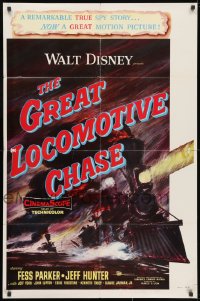 3j358 GREAT LOCOMOTIVE CHASE 1sh 1956 Disney, really cool artwork of railroad train!