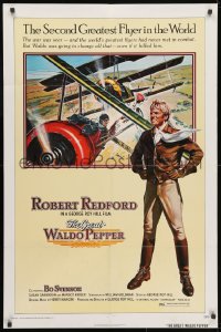 3j362 GREAT WALDO PEPPER 1sh 1975 Robert Redford, aviation art on yellow background by Gary Meyer!