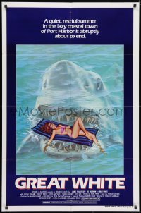 3j363 GREAT WHITE 1sh 1982 great artwork of huge shark attacking girl in bikini on raft!