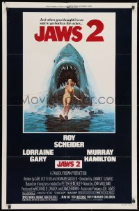 3j455 JAWS 2 1sh 1978 great classic art of giant shark attacking girl on water skis by Lou Feck!