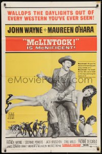 3j563 McLINTOCK 1sh 1963 best image of John Wayne giving Maureen O'Hara a spanking!