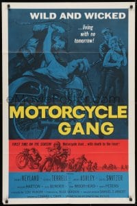 3j587 MOTORCYCLE GANG 1sh 1957 pretty Anne Neyland is wild & wicked and living with no tomorrow!