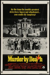 3j590 MURDER BY DEATH 1sh 1976 great Charles Addams art of cast by dead body, yellow title design!