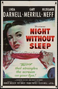 3j616 NIGHT WITHOUT SLEEP 1sh 1952 close up art of sexy Linda Darnell about to be strangled!