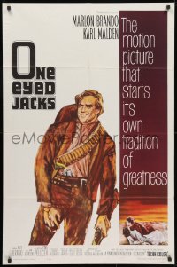 3j639 ONE EYED JACKS 1sh 1961 art of star & director Marlon Brando with gun & bandolier!