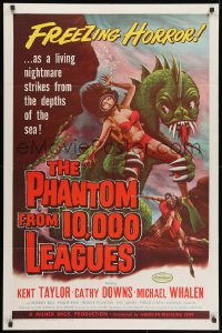 3j669 PHANTOM FROM 10,000 LEAGUES 1sh 1956 classic art of monster & sexy scuba diver by Kallis!