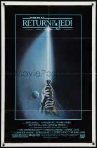3j725 RETURN OF THE JEDI 1sh 1983 George Lucas, art of hands holding lightsaber by Reamer!