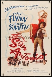 3j765 SAN ANTONIO 1sh 1945 great full-length image of Alexis Smith on Errol Flynn's shoulder!