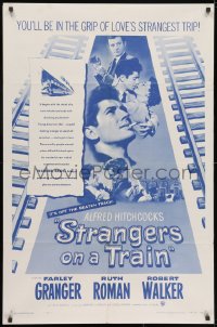 3j857 STRANGERS ON A TRAIN 1sh R1957 Farley Granger & Robert Walker in murder pact, Hitchcock!