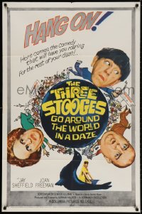 3j906 THREE STOOGES GO AROUND THE WORLD IN A DAZE 1sh 1963 wacky art of Moe, Larry & Curly-Joe!