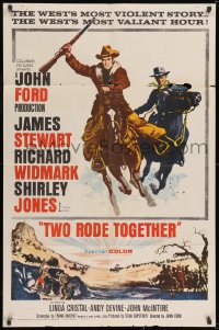 3j936 TWO RODE TOGETHER 1sh 1961 John Ford, art of James Stewart & Richard Widmark on horses!