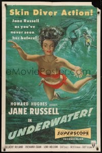 3j940 UNDERWATER 1sh 1955 Howard Hughes, art of sexiest skin diver Jane Russell swimming by shark!