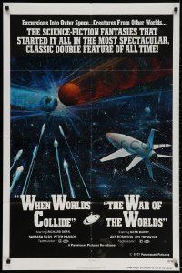 3j965 WHEN WORLDS COLLIDE/WAR OF THE WORLDS 1sh 1977 cool sci-fi art of rocket in space by Berkey!