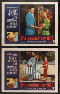 3k949 SHE COULDN'T SAY NO 2 LCs 1954 sexy short-haired Jean Simmons, Dr. Robert Mitchum!