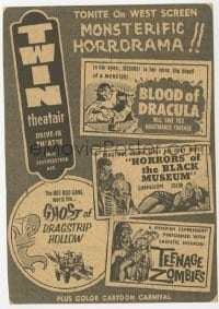 3m137 BLOOD OF DRACULA/HORRORS OF THE BLACK MUSEUM/TEENAGE ZOMBIES/GHOST OF DRAGSTRIP HOLLOW 4x5 newspaper ad 1961