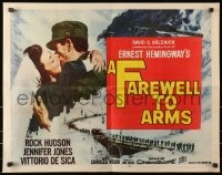 3p783 FAREWELL TO ARMS 1/2sh 1958 art of Rock Hudson kissing Jennifer Jones, Ernest Hemingway