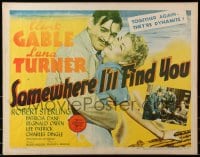 3p931 SOMEWHERE I'LL FIND YOU 1/2sh 1942 Clark Gable kissing sexiest Lana Turner, ultra-rare!
