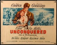 3p973 UNCONQUERED blue credits style 1/2sh R1955 art of Gary Cooper holding Paulette Goddard & guns!