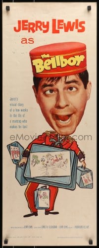 3p029 BELLBOY insert 1960 wacky artwork of hotel attendant Jerry Lewis carrying too much luggage!