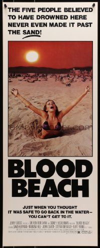 3p034 BLOOD BEACH insert 1981 Jaws parody tagline, image of sexy girl in bikini sinking in sand!