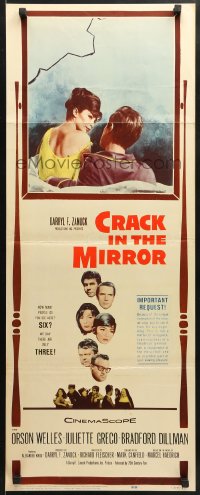 3p055 CRACK IN THE MIRROR insert 1960 Orson Welles, Bradford Dillman, Greco, all in dual roles!