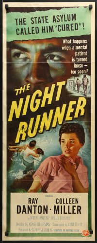3p191 NIGHT RUNNER insert 1957 art of crazed Ray Danton, are mental patients turned loose too soon!