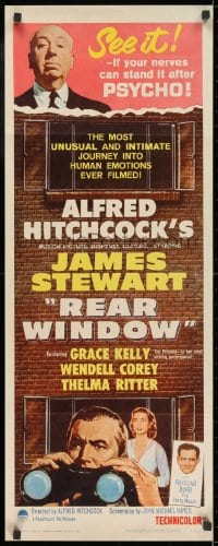 3p210 REAR WINDOW insert R1962 Alfred Hitchcock, art of voyeur Jimmy Stewart & sexy Grace Kelly!