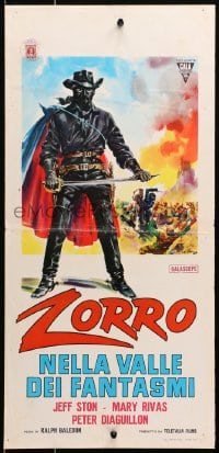 3p349 EL VALLE DE LOS DESAPARECIDOS Italian locandina 1964 art of masked Zorro with sword by DiStefano!