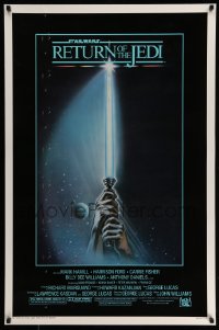 3r882 RETURN OF THE JEDI 1sh 1983 George Lucas, art of hands holding lightsaber by Tim Reamer!