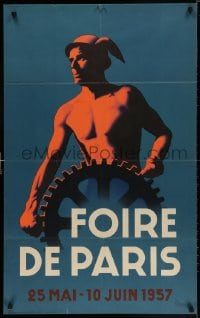 3r503 FOIRE DE PARIS 25x39 French special poster 1957 Bourgis art of barechested man over cog!